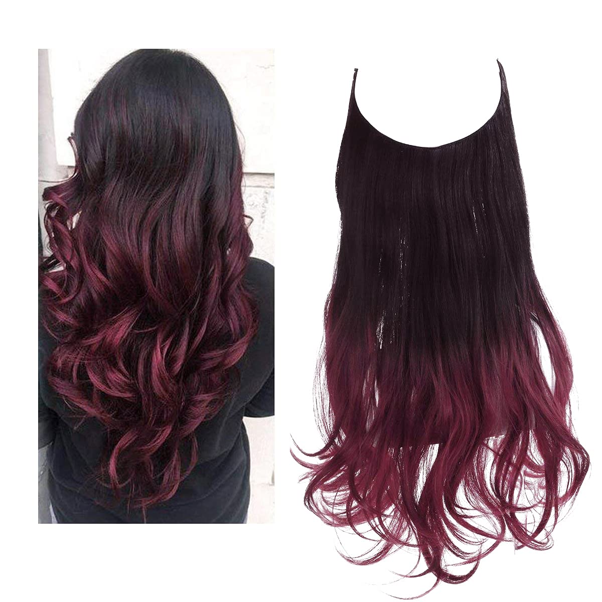 Black to Wine Red Halo Hair Extensions