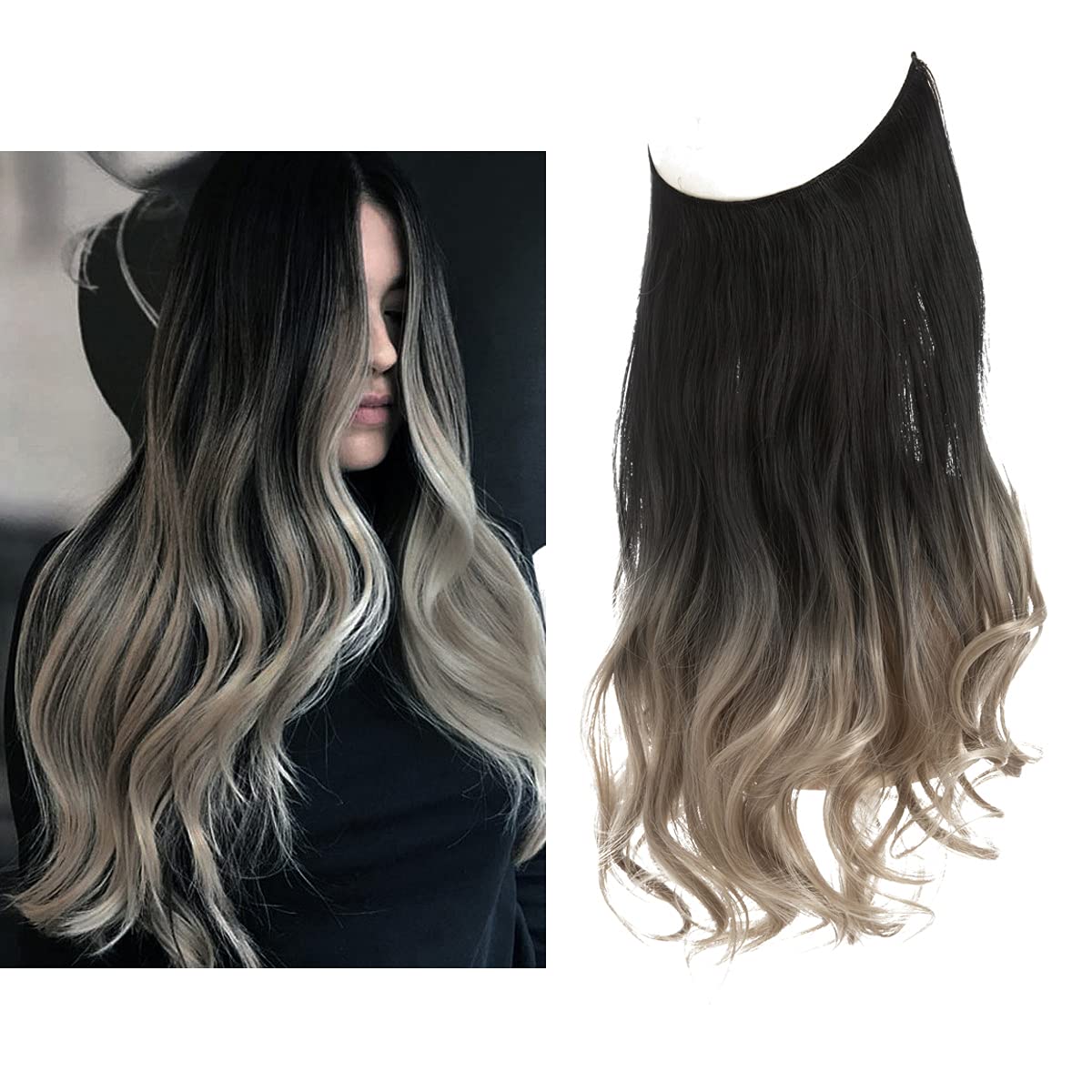 Black to Ash Blonde Halo Hair Extensions