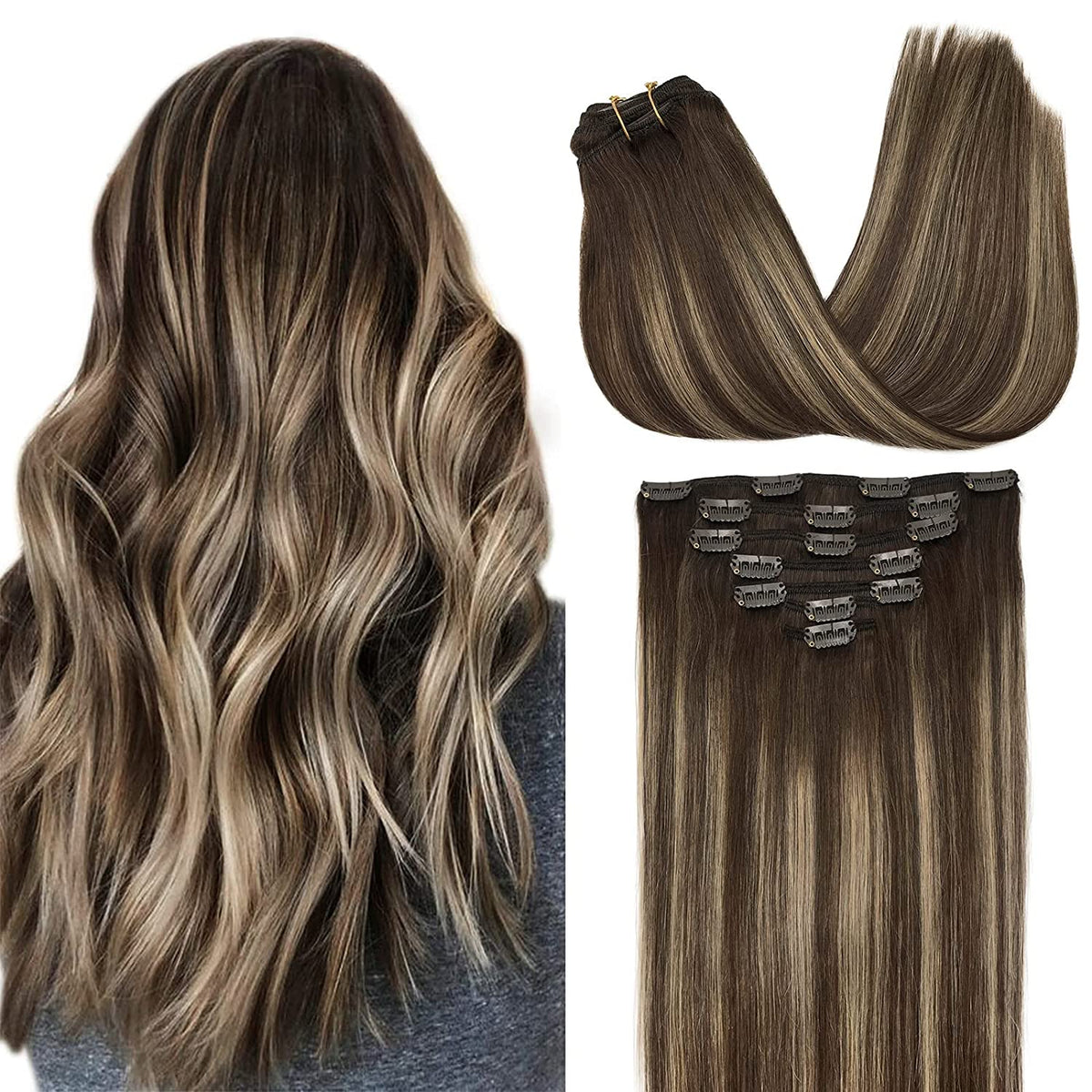 Balayage Chocolate Brown to Honey Blonde Clip-In Human Hair Extensions