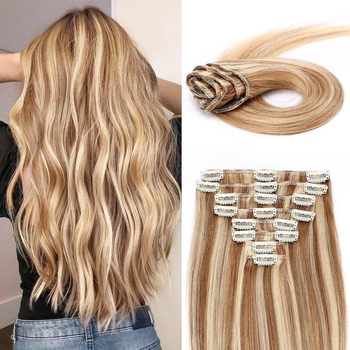 Light Brown/Bleach Blonde Clip-In Human Hair Extensions