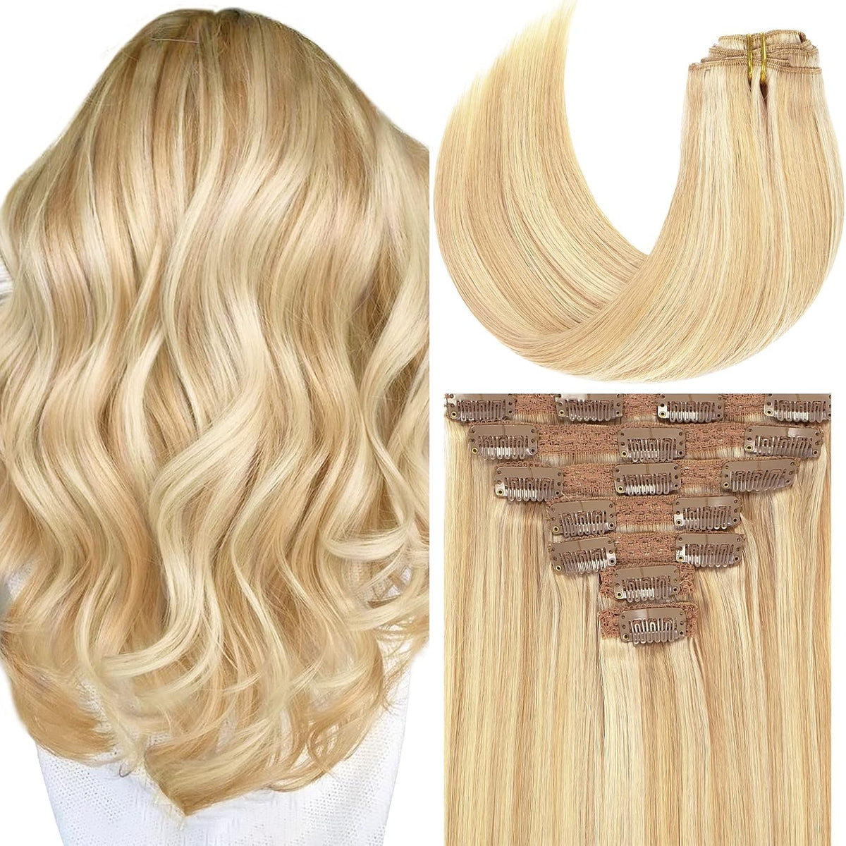 Light Golden Brown/Platinum Blonde Clip-In Human Hair Extensions