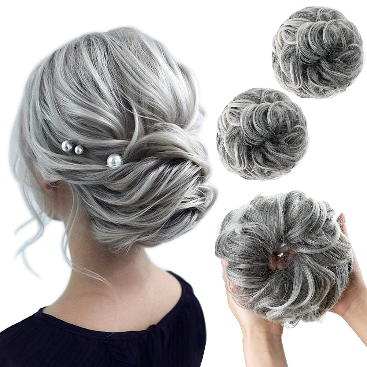 Consejos grises y blancos Halo® Wavy Curly Messy Bun ( 2 piezas )